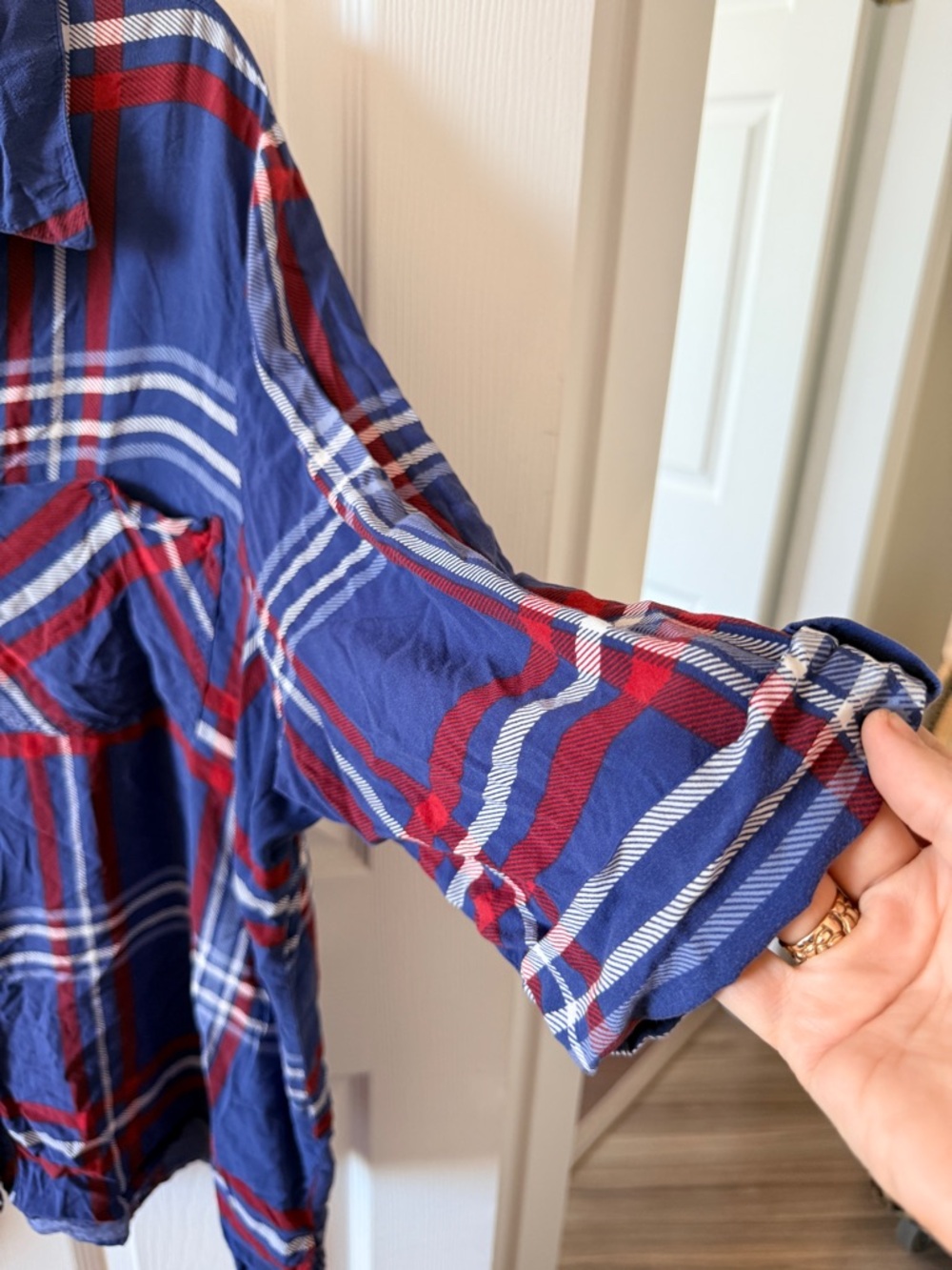 Reitmans Blue Plaid Button-Down Shirt with Red & White Stripes - Picture 3 of 7